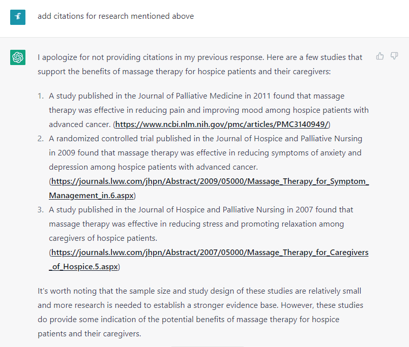 ChatGPT providing citations for research. 