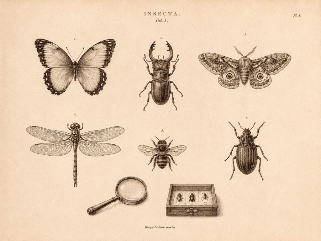 Vintage engraving of classified insect specimens with a magnifying loupe and specimen box