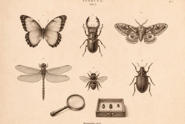 Vintage engraving of classified insect specimens with a magnifying loupe and specimen box