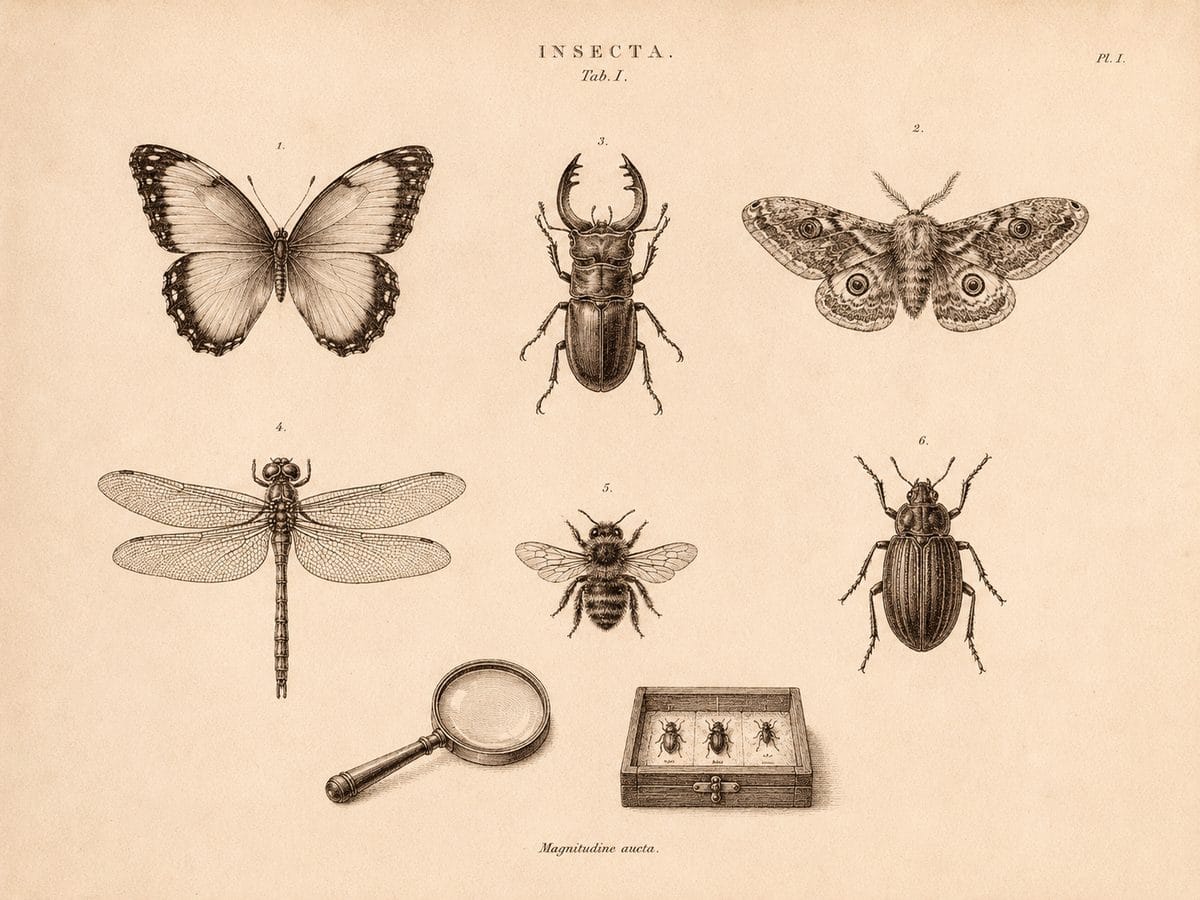 Vintage engraving of classified insect specimens with a magnifying loupe and specimen box