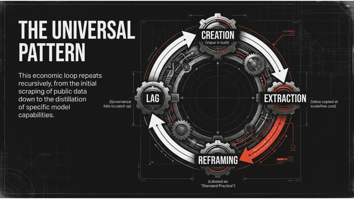 The universal extraction pattern: creation, extraction, reframing, governance lag