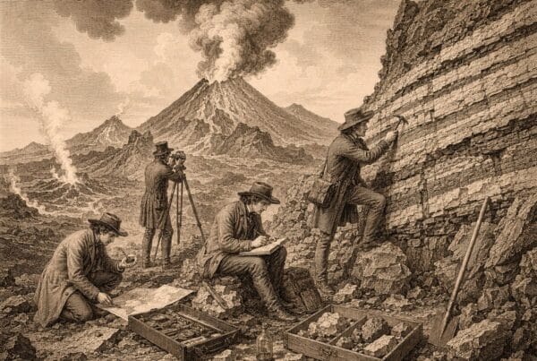 Vintage engraving of geologists examining rock strata at a volcano