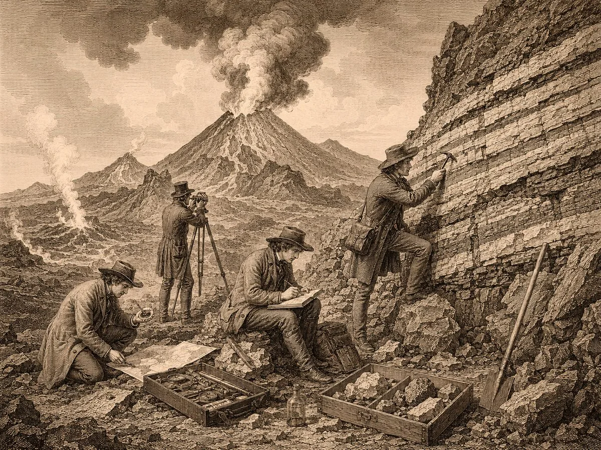 Vintage engraving of geologists examining rock strata at a volcano