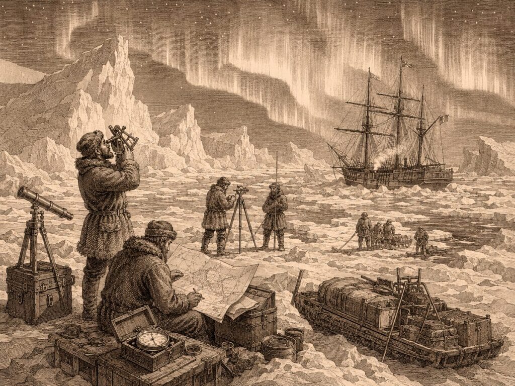 Vintage engraving of a ship beset in polar ice as the crew surveys
