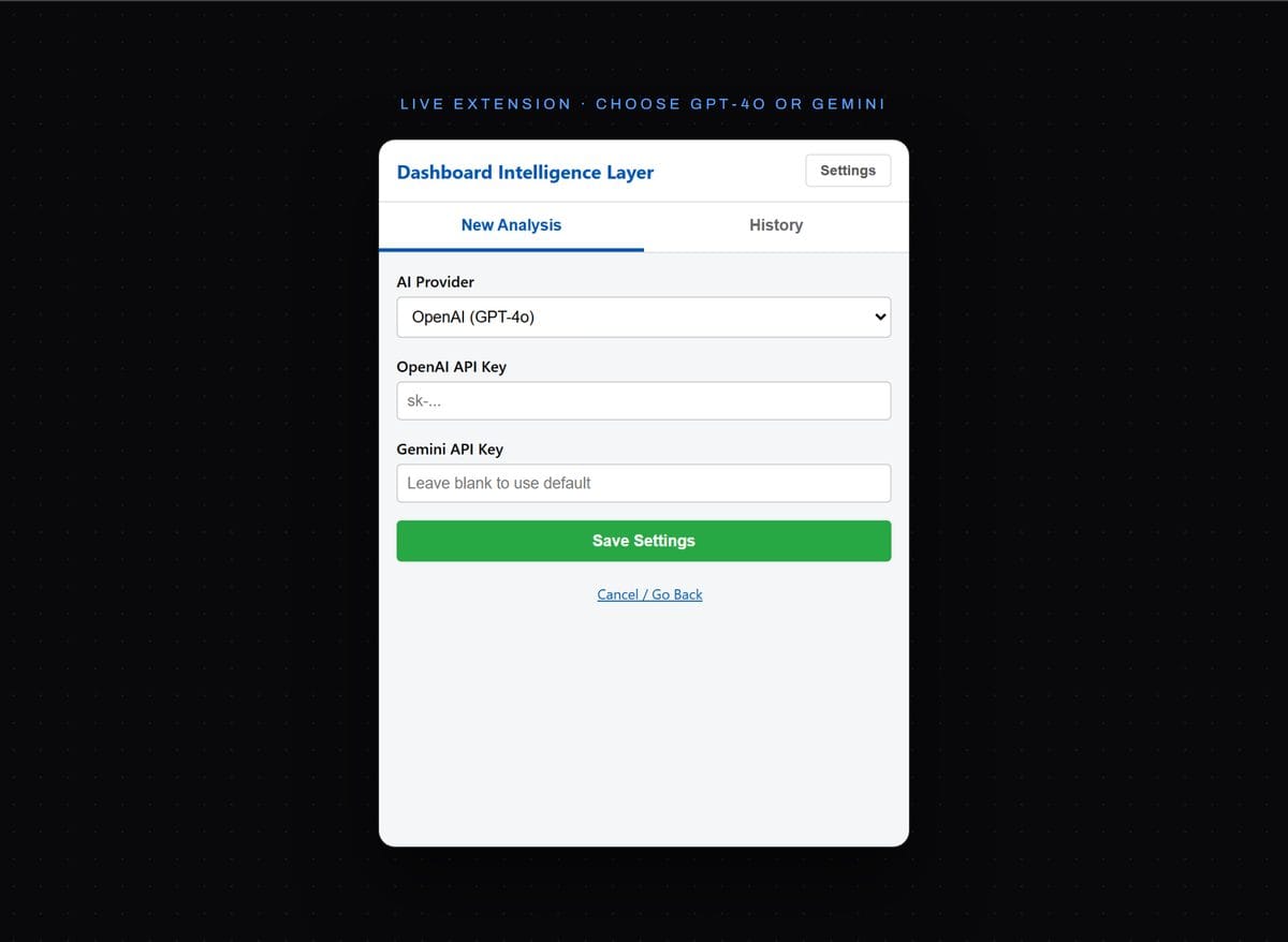 Dashboard Intelligence Layer settings: choose OpenAI GPT-4o or Google Gemini