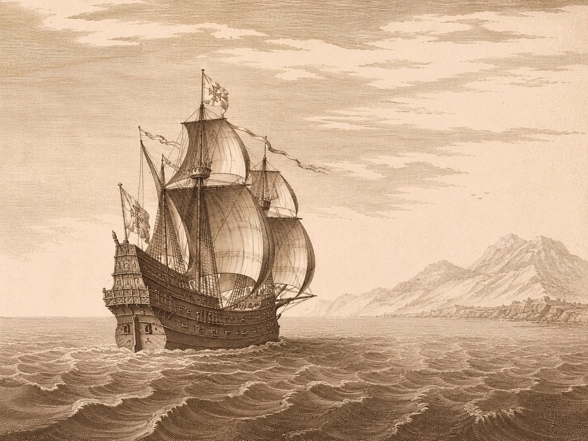 Vintage engraving of a galleon sailing toward a new coastline