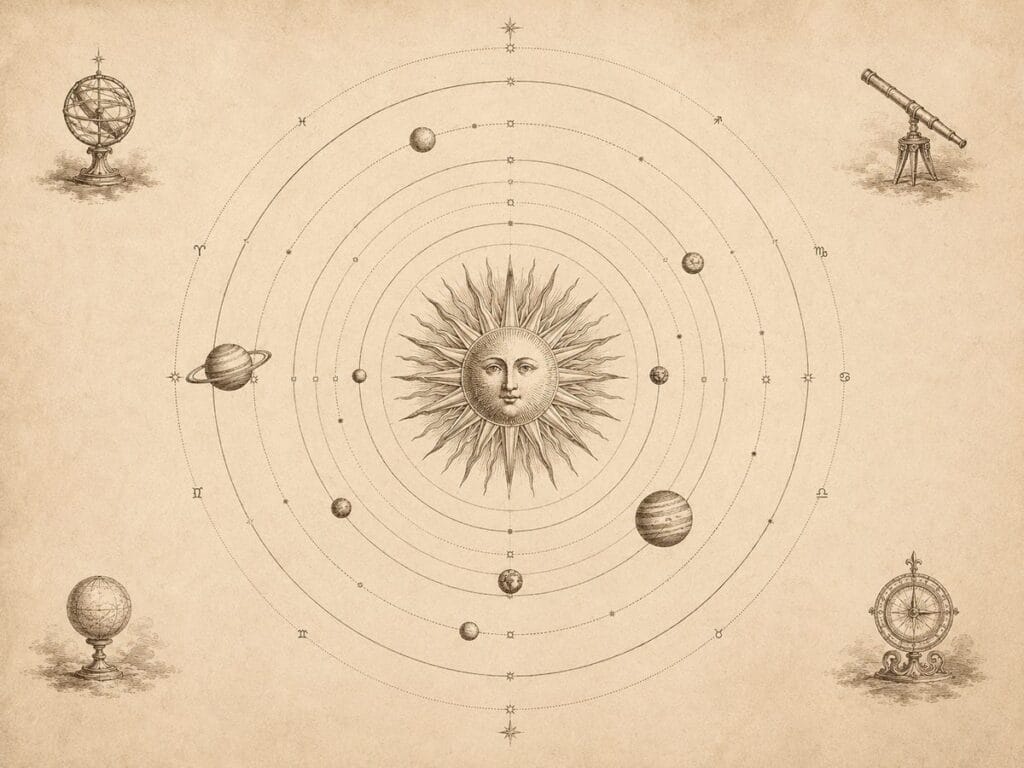 Vintage engraving of a heliocentric solar system model