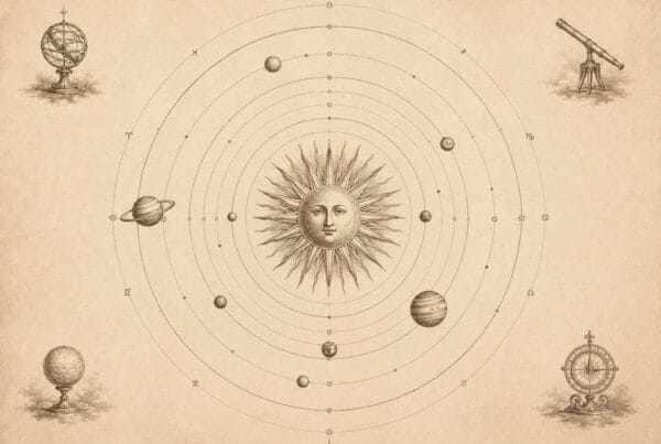 Vintage engraving of a heliocentric solar system model