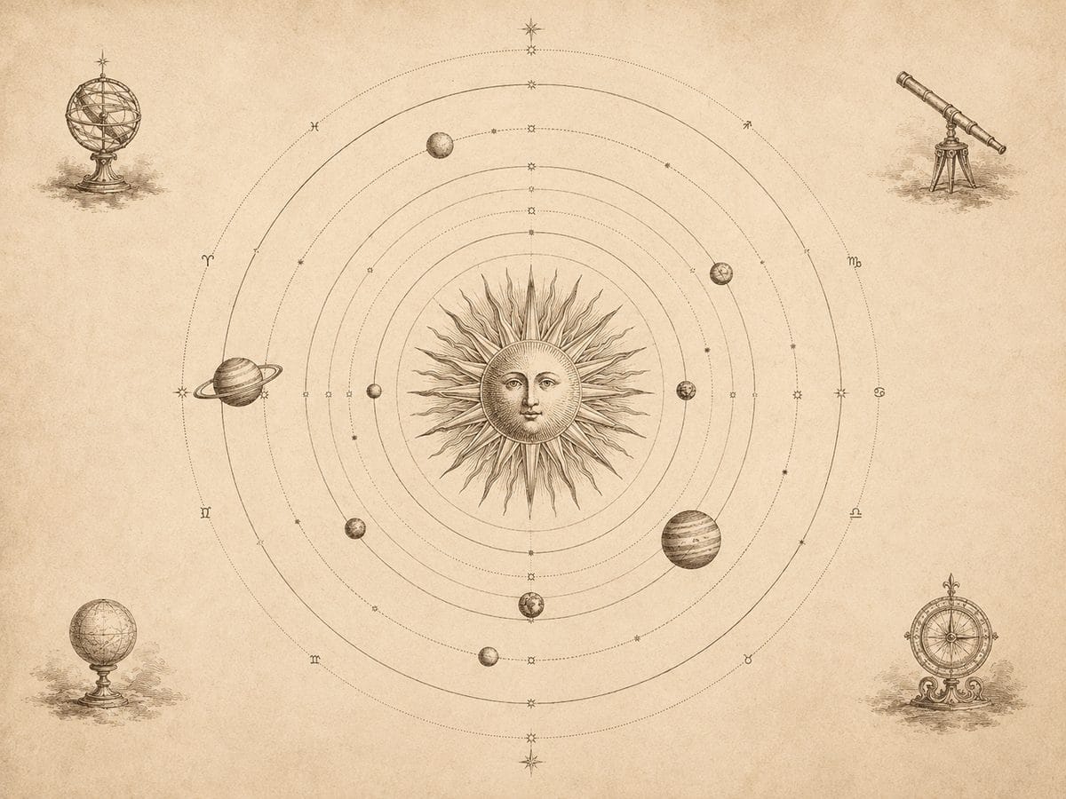 Vintage engraving of a heliocentric solar system model