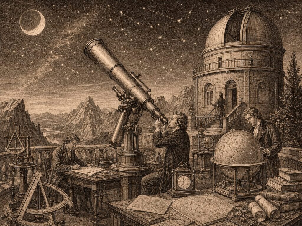 Vintage engraving of astronomers observing the night sky from an observatory