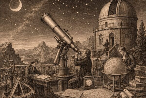 Vintage engraving of astronomers observing the night sky from an observatory