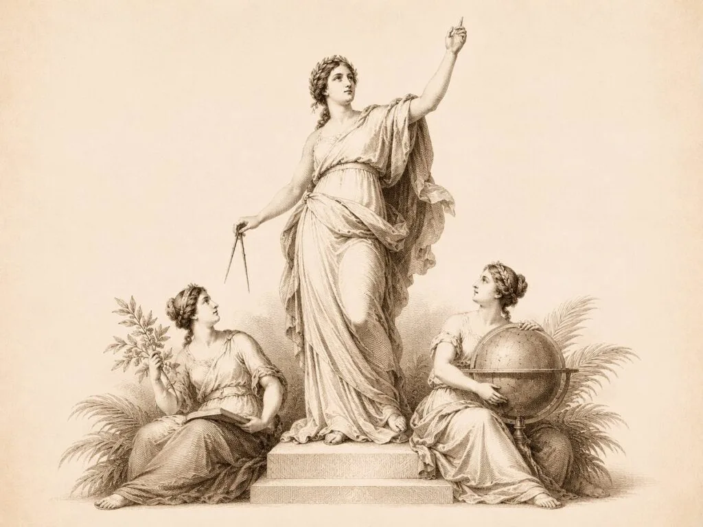 Classical engraving of allegorical figures of the arts and sciences with compass and globe