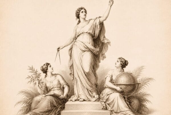 Classical engraving of allegorical figures of the arts and sciences with compass and globe