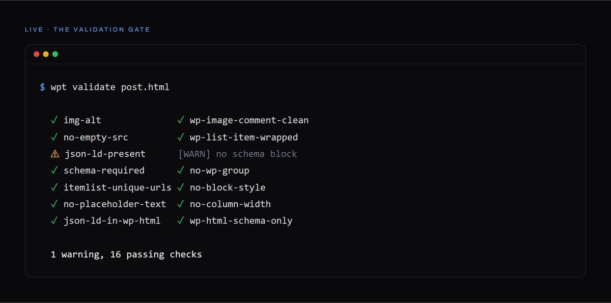 wpt validate output: 17 structural checks, 16 passing