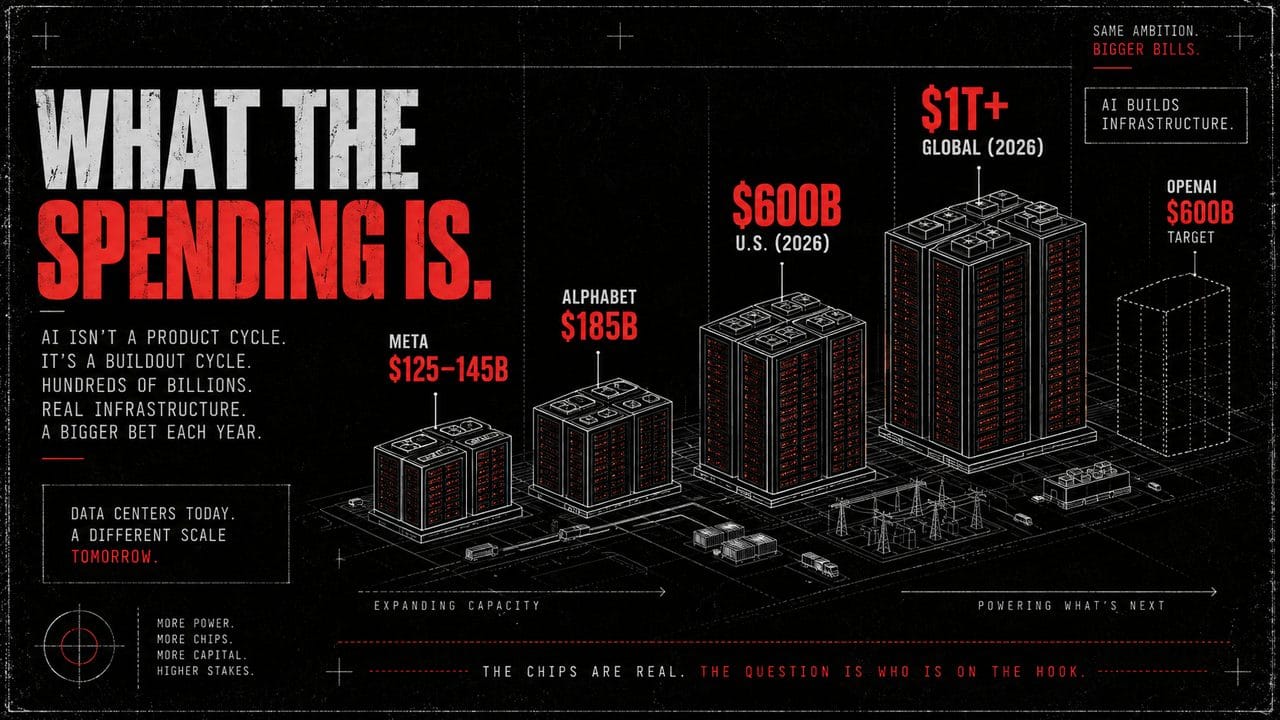 What the spending is: Meta $125-145B, Alphabet $185B, US $600B, global $1T+, OpenAI $600B target.