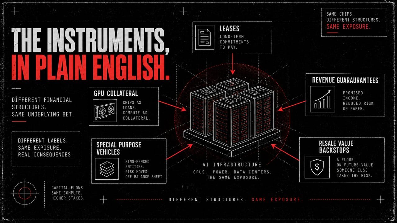The instruments, in plain English: leases, GPU collateral, special purpose vehicles, revenue guarantees, resale value backstops.