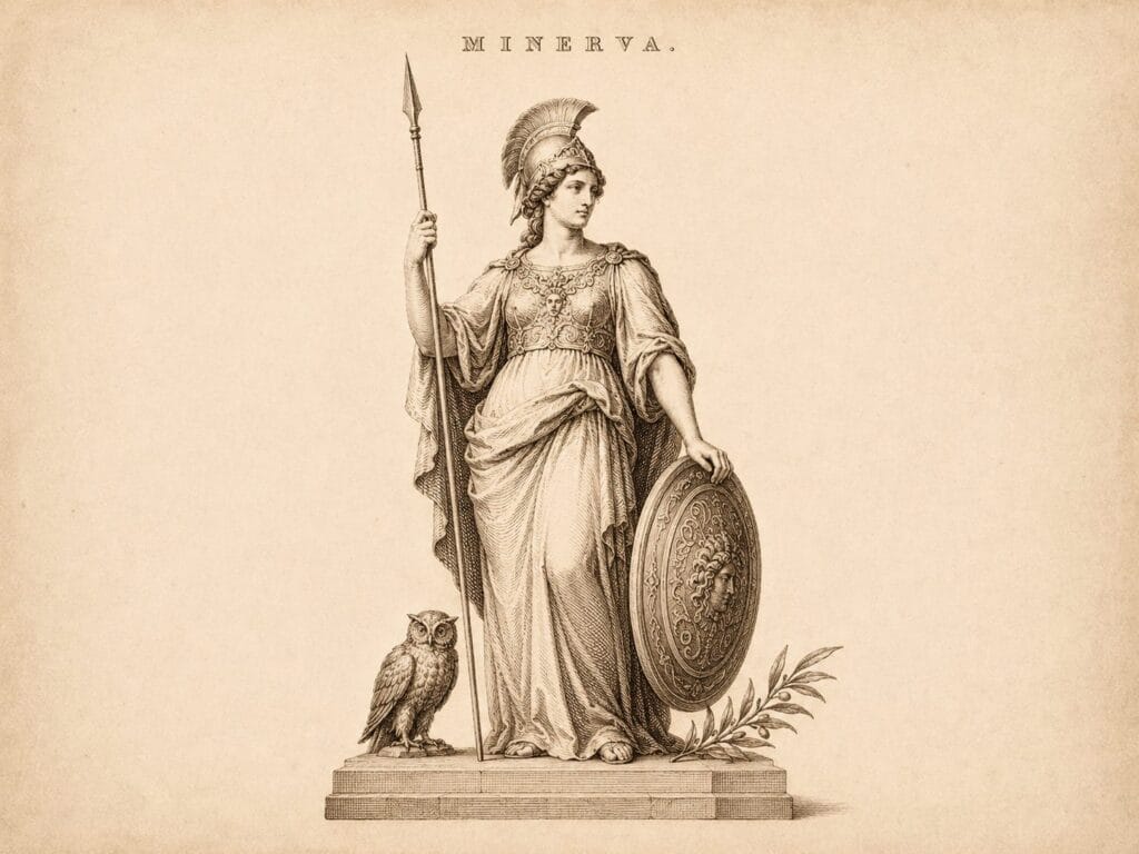 Engraving of Minerva with spear, shield and owl