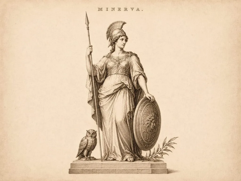 Engraving of Minerva with spear, shield and owl