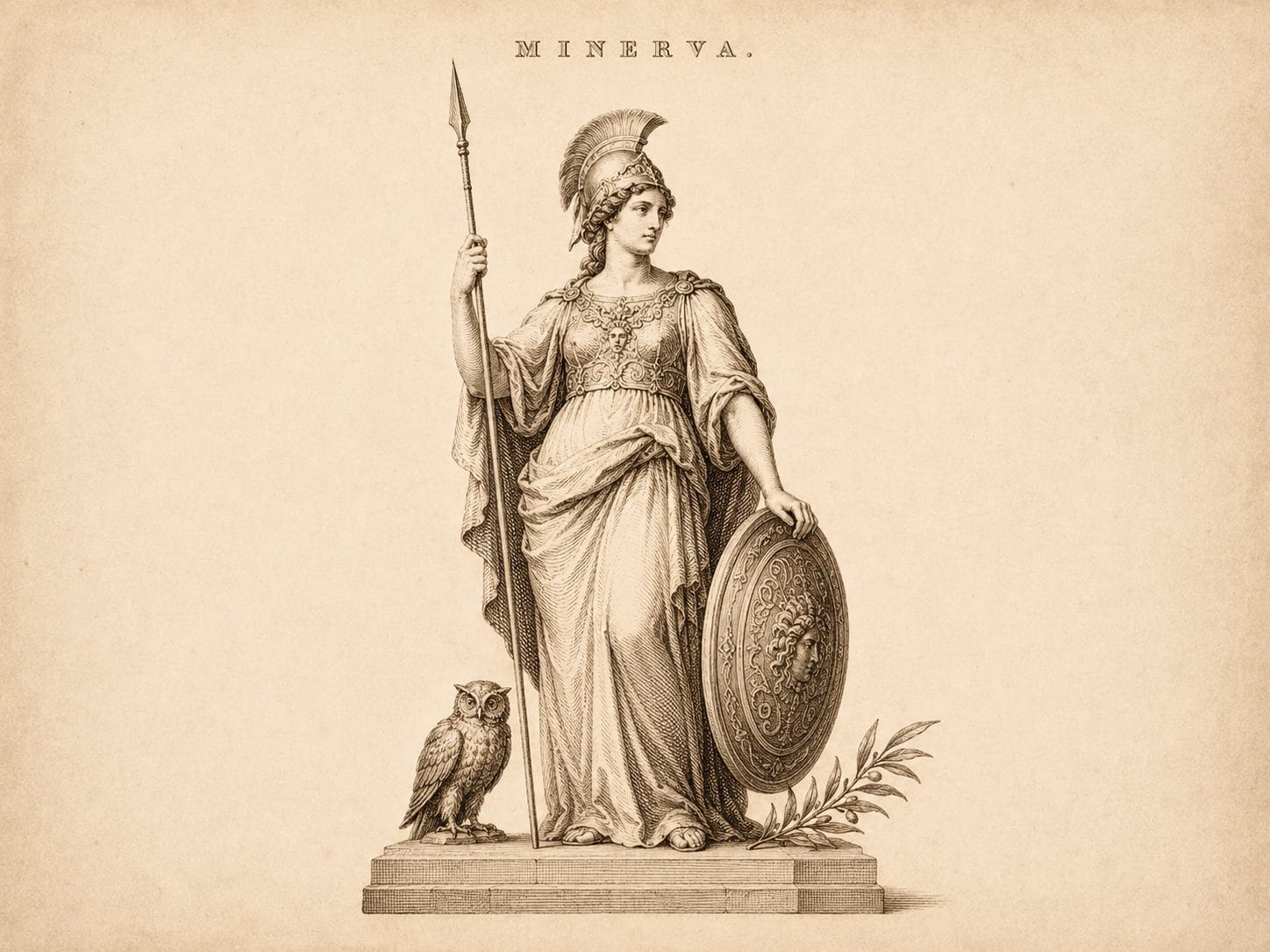 Engraving of Minerva with spear, shield and owl