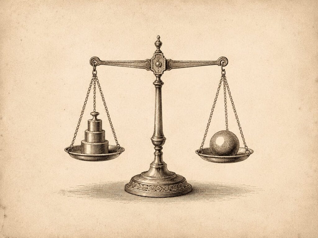 Engraving of a tipped balance scale, stacked weights on one pan and a sphere on the other