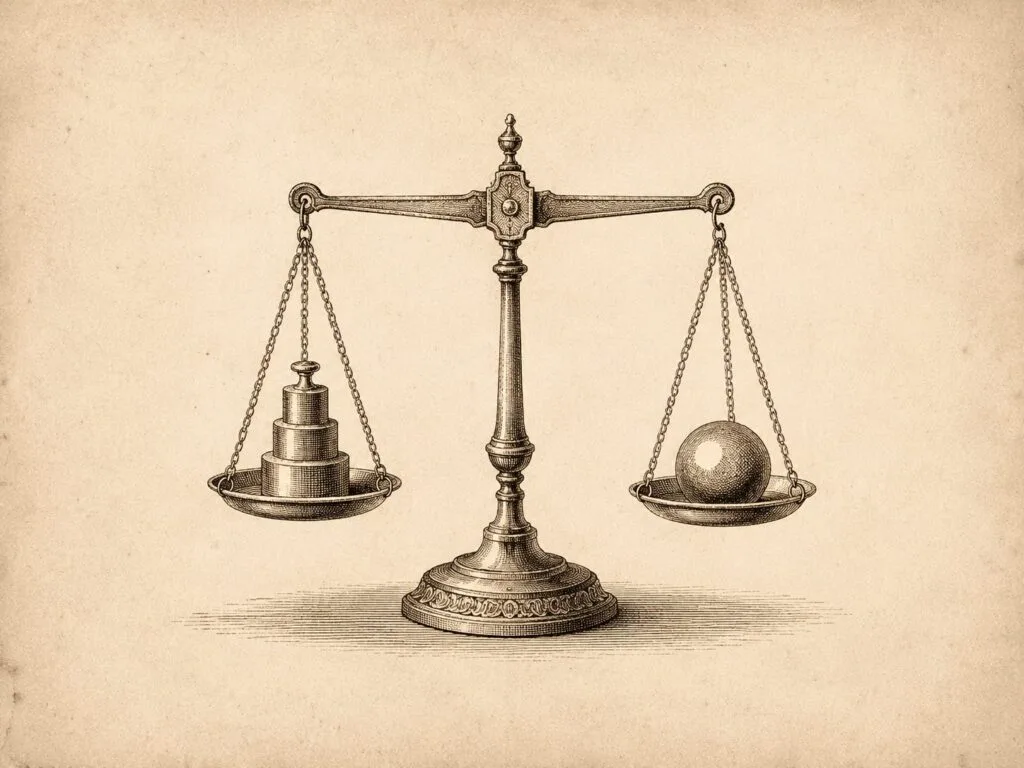 Engraving of a tipped balance scale, stacked weights on one pan and a sphere on the other
