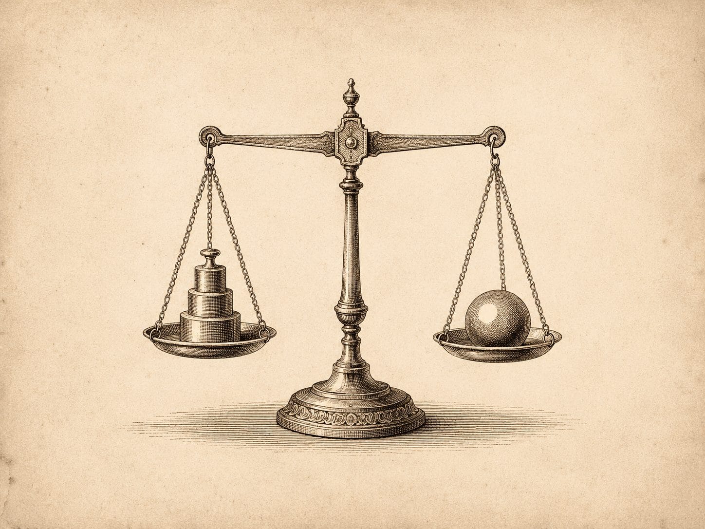 Engraving of a tipped balance scale, stacked weights on one pan and a sphere on the other