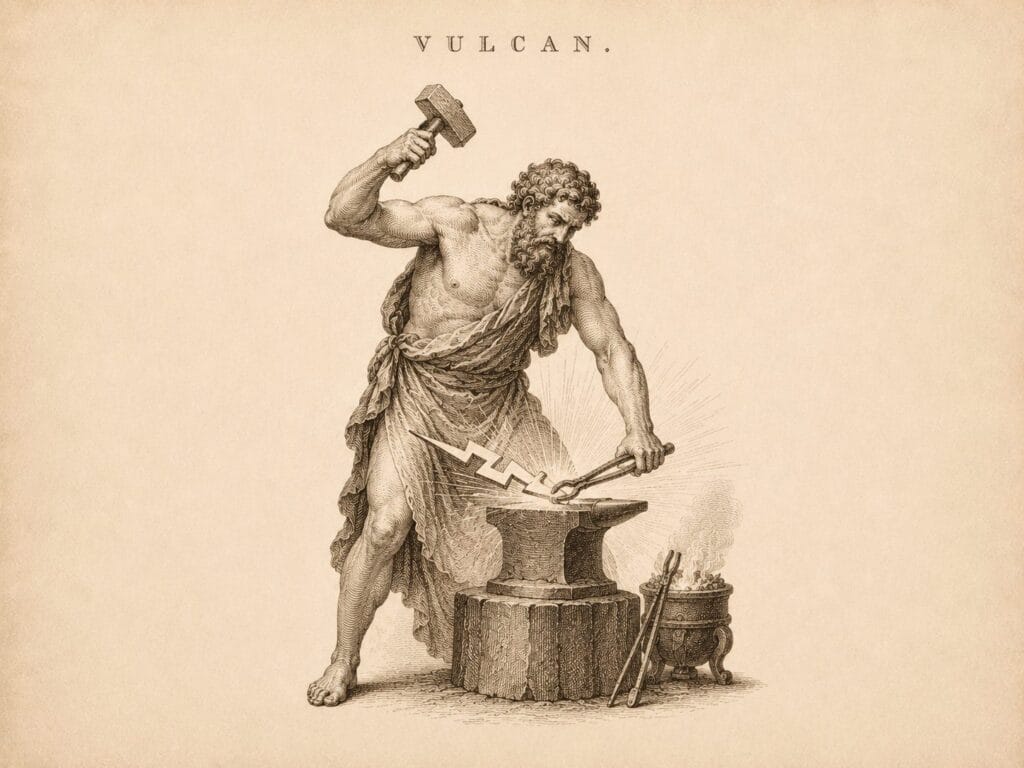 Engraving of Vulcan, god of the forge, hammering metal at an anvil
