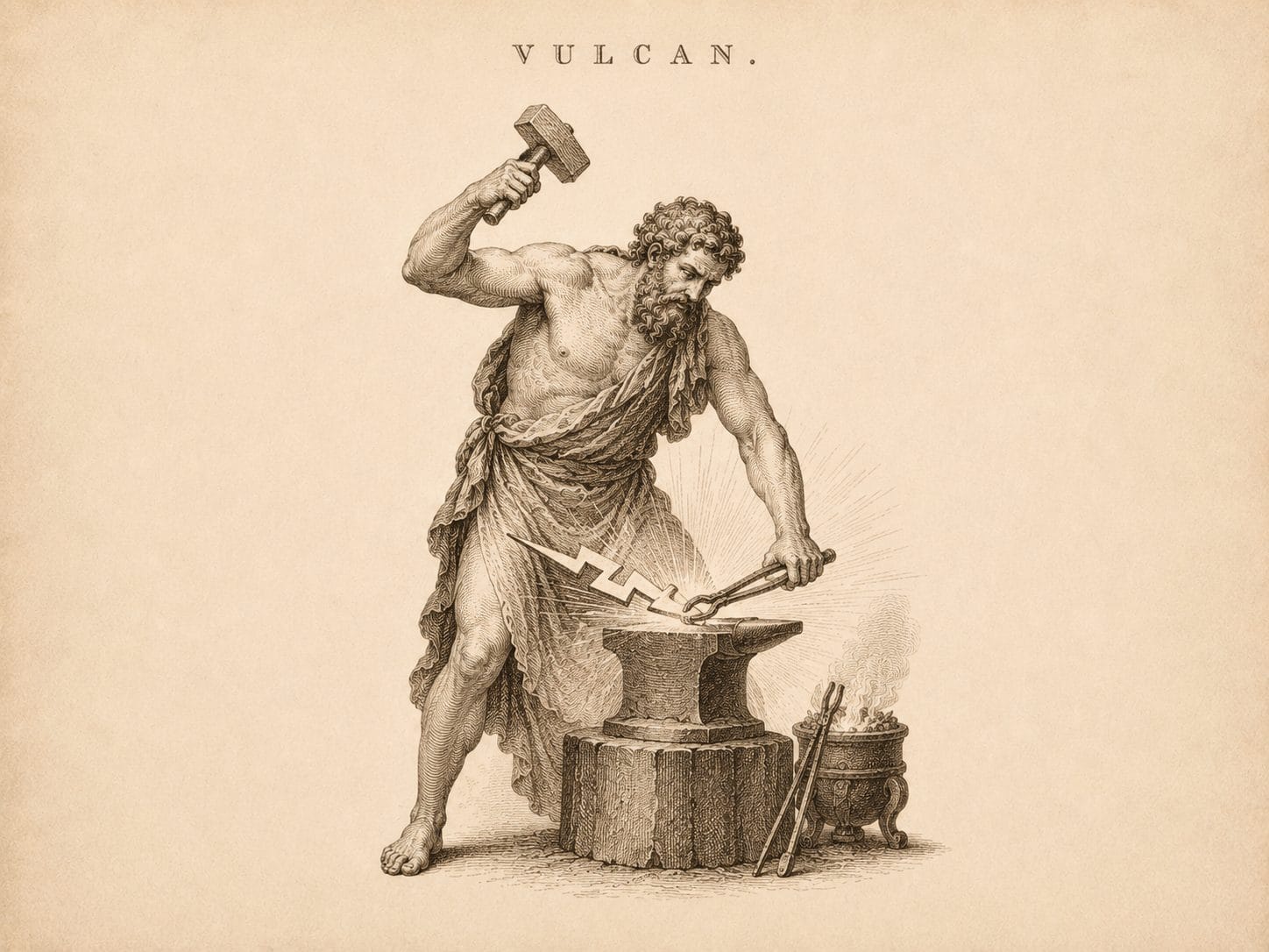 Engraving of Vulcan, god of the forge, hammering metal at an anvil